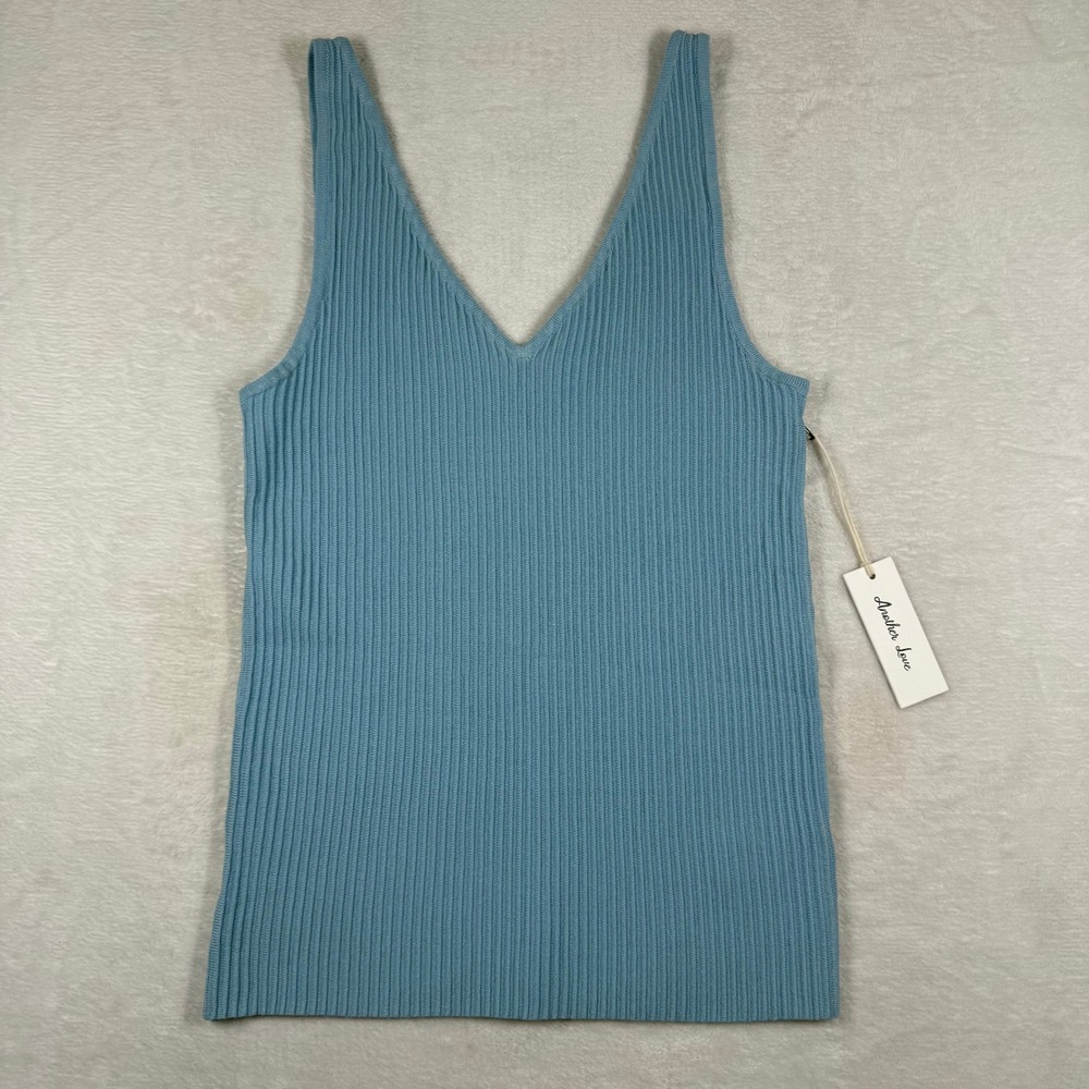 Another Love Noa V Neck Sleeveless Ribbed Knit Top Dusty Blue Small NEW